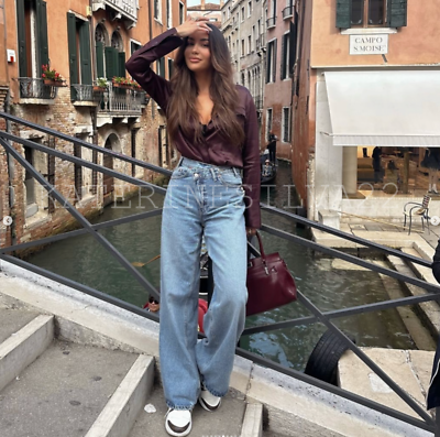 ZARA NEW WOMAN SS25 BURGUNDY ZW COLLECTION SATIN SHIRT WITH ZARA NEW WOMAN SS25 BURGUNDY ZW COLLECTION SATIN SHIRT WITH