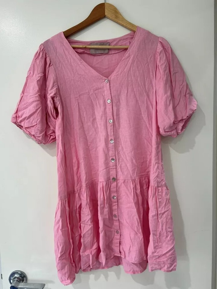 White Closet V-Neck Linen Short Sleeve Button Up Mini Shirt Dress Pink Size 8