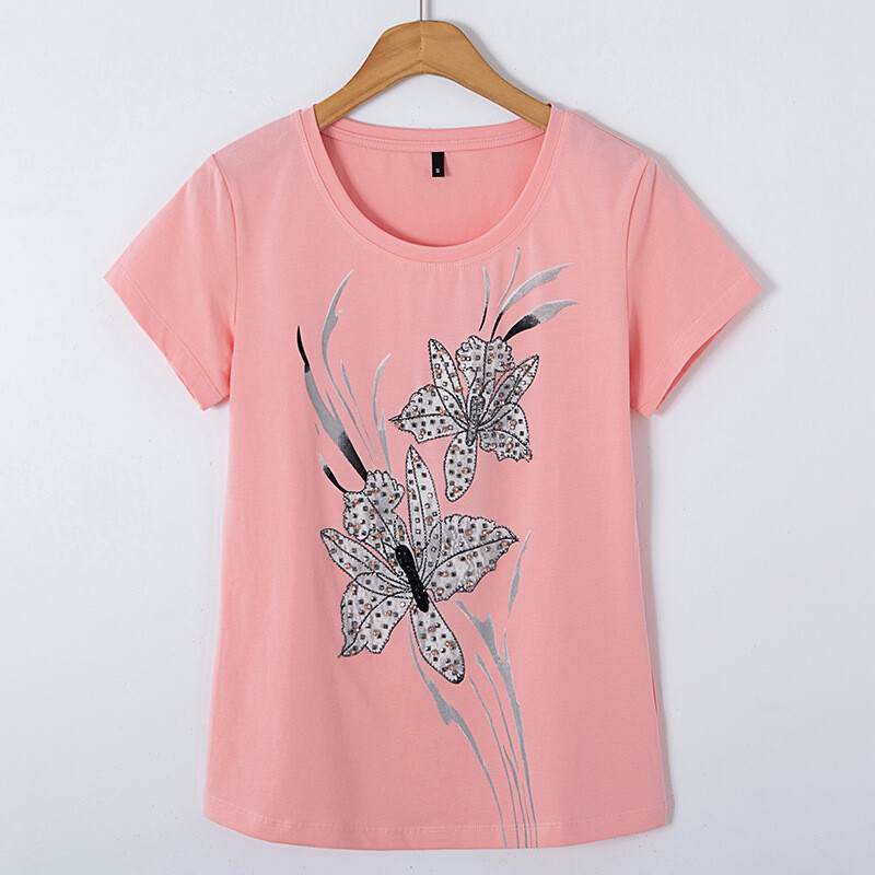 Women Girl Embroidered Floral T-shirt Cotton Blend Crew Neck Short Sleeve Top