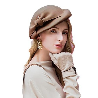 5745 Wool Felt Beret Fascinator Hats For Women Ladies Lady Khaki Elegant Elegant Woman Derby Fascinator Beige - off White Royal Ascot  main image 4