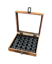 Rustic Brown Stain Wood 25 Gem Jar Display Case for Coins Quarters Nickles Dimes