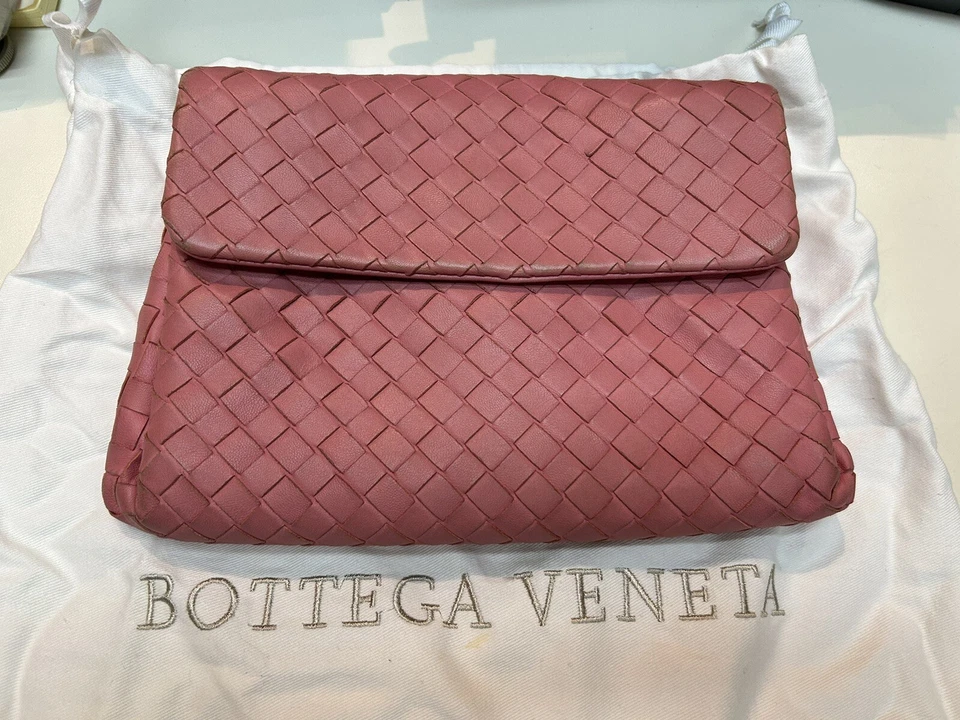 Bottega Veneta Intrecciato Woven Small Pink Leather Clutch Bag