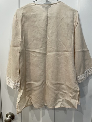 August Silk Women Medium 100% Linen Cream Boho V-Neck High Low Tunic Top Shirt - Picture 6 of 8