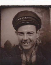 VINTAGE PHOTO BOOTH - HANDSOME YOUNG MAN WITH N.I.P.S. CO. CAP