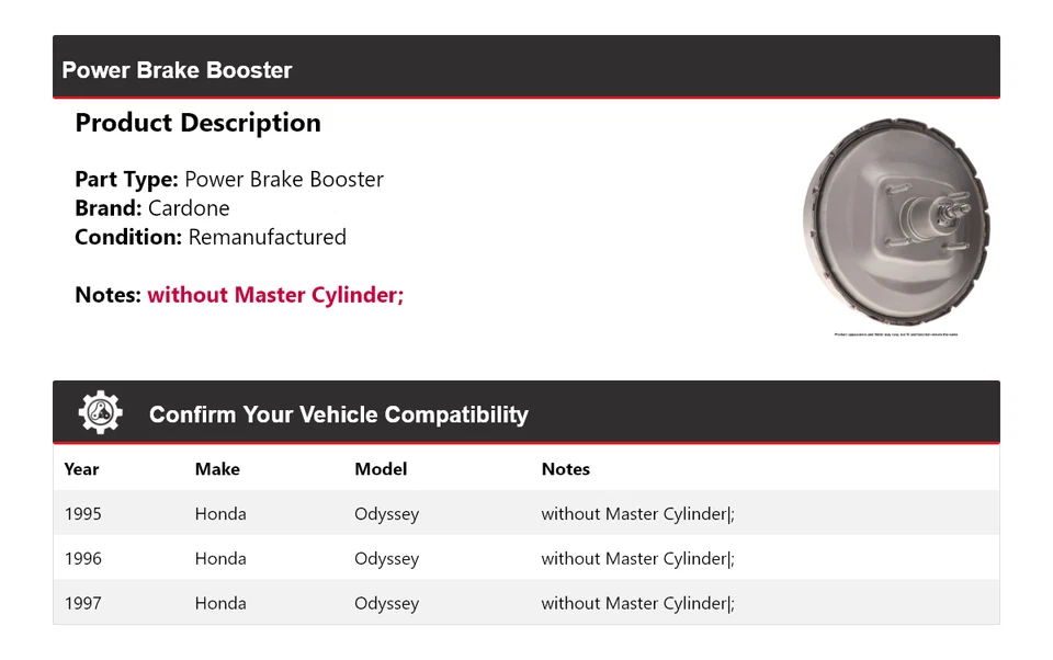For 1995-1997 Honda Odyssey Power Brake Booster Cardone 1996 - Image 2 of 4