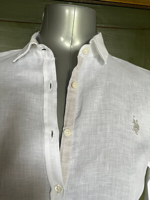 NEU UVP189  L U.S. POLO ASSN. Hemd-Bluse weiß lang Leinen Luxus Designer US Polo