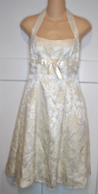 zum zum halter dress ZUM ZUM NIKI LIVAS Ivory Gold Bow Floral Brocade Y2K Halter Dress 3-4  Vintage