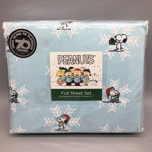4pc Berkshire Peanuts Christmas Snoopy Snowflakes FULL Sheet Set Santa Hat Blue - 第 8/10 張圖片