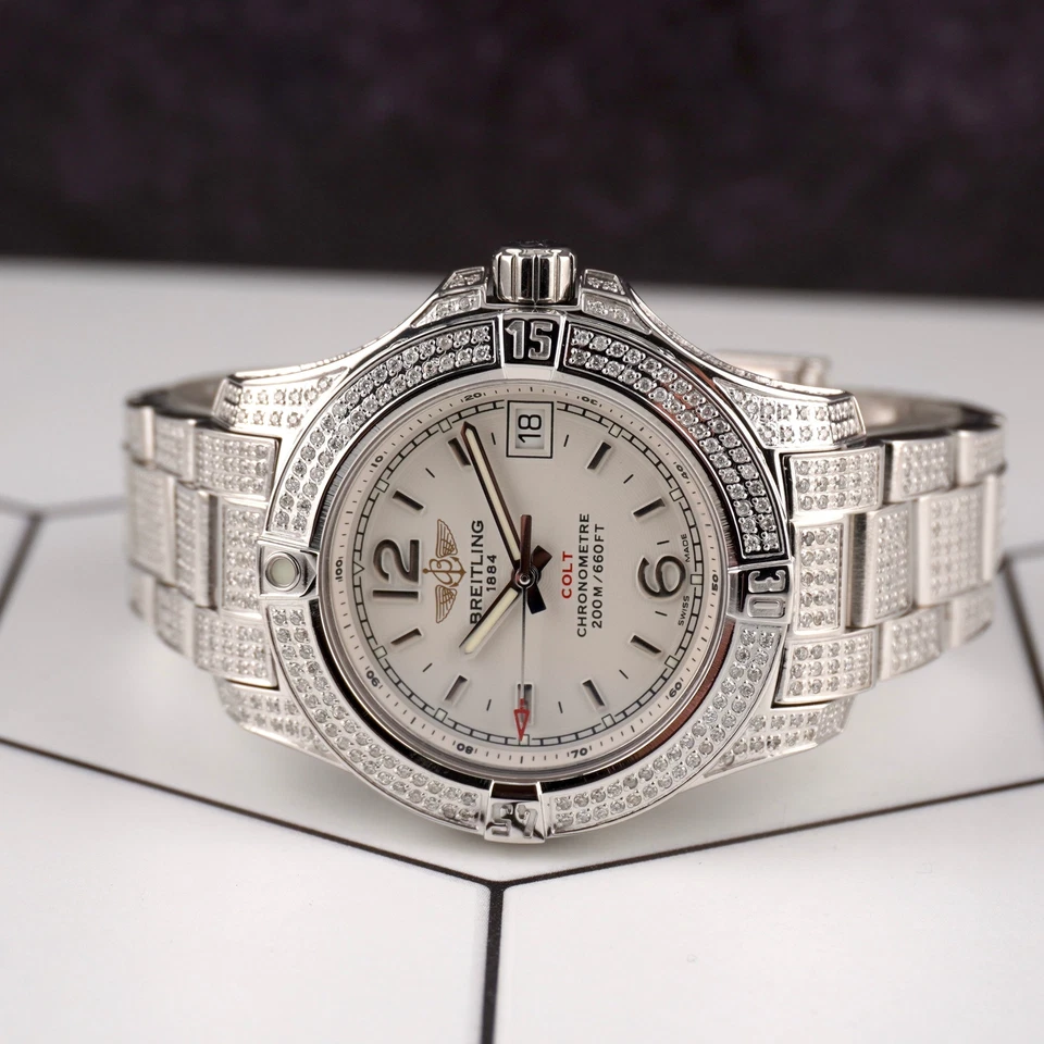 Breitling 33mm Colt Mujer 3ct Helado Diamantes Blanco Esfera Acero Reloj A77388 - Imagen 2 de 4