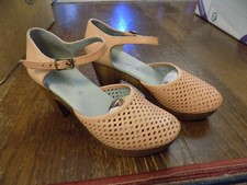 Eric Michael Portugal Vtg 6.5 Leather Perforated Peachy Wooden Heel Ankle strap
