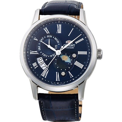 Orient Sonne und Mond Automatik blaues Zifferblatt Lederband Herrenuhr RA-AK0011D30B