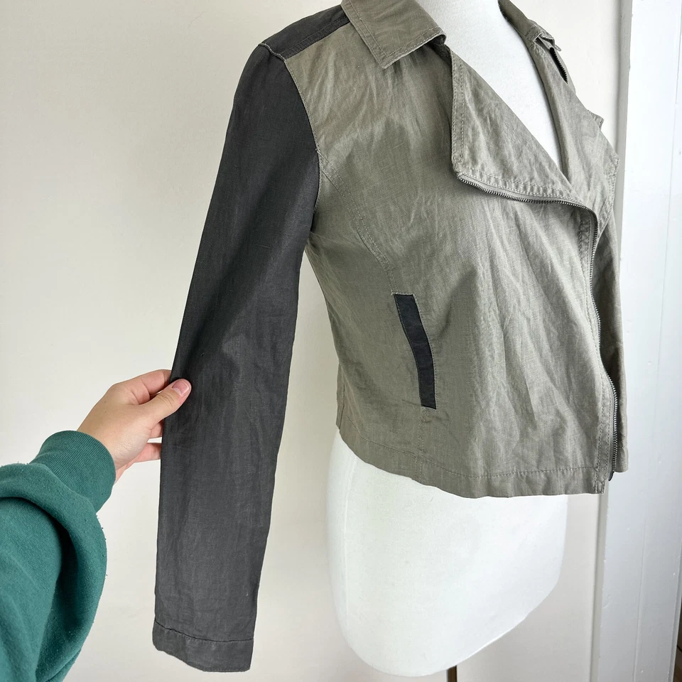 NWT Eileen Fisher Women's XXS 100% Coated Organic Linen Gray & Beige Moto Jacket - Image 2 of 4