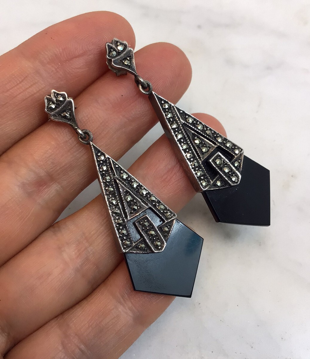 Vintage Art Deco Style Sterling Silver Marcasite Onyx Dangle  Vintage Sterling silver Art Deco earrings with marcasite and black glass panels main image 0
