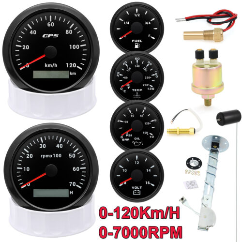 6 Gauge Set 85mm GPS Speedometer 0-120 Km/H Tacho Fuel/Temp/Oil Pressure/Voltage - Photo 1/20