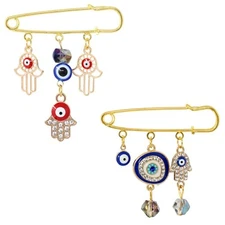 Honbay 2PCS Enamel Evil Eye Brooch Pins Safety Pins Rhinestones Lapel Pins wi...
