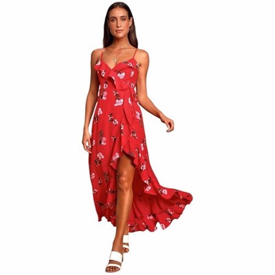 NWT Lulus Rosana Red Floral Print Ruffled Wrap Maxi Dress Size Small