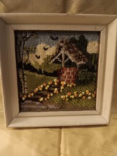 Vtg Framed Crewel,needlepoint Wishing Well And Flowers, 6 1/2 x 6 1/2, 1980