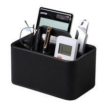 PU Leather Caddy Organizer Handle Desk Remote Control Holder Makeup Table Black