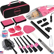 16Pcs Pink Car Interior Detailing Kit, Vacuum, Brushes, Cleaning Tools