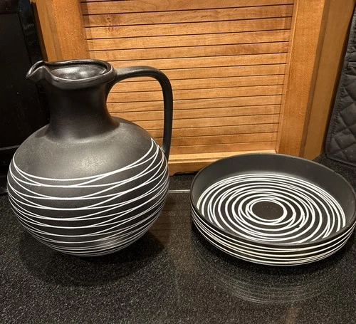 Royal Haeger Zebra Striped Pitcher  & Tray MmMid Century Modern Black White