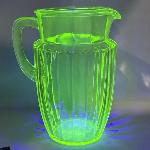 Vintage Anchor Hocking Pillar Optic Green Uranium Glass Pitcher