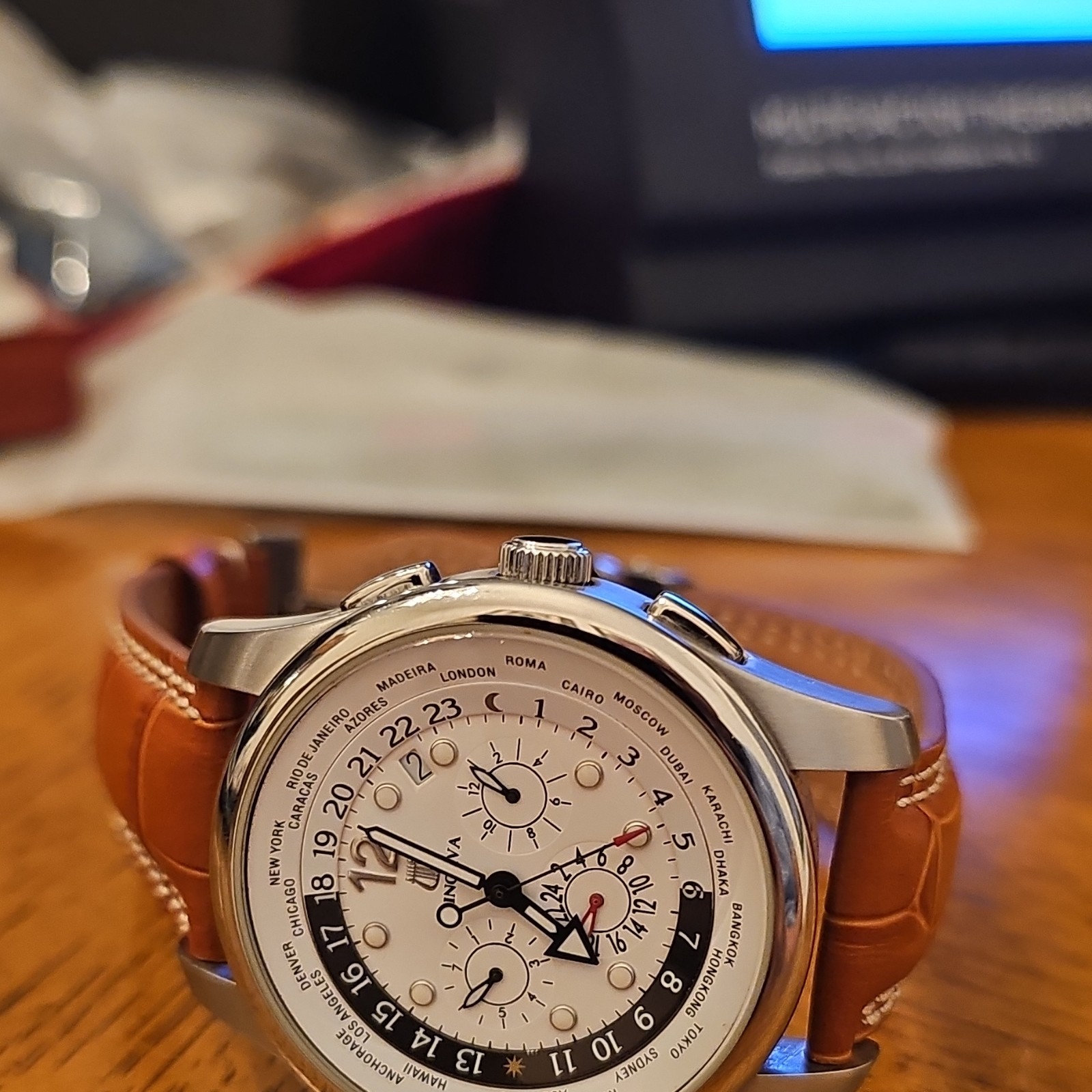 Minerva World Time Automatic Chronograph Brown Le… - image 2