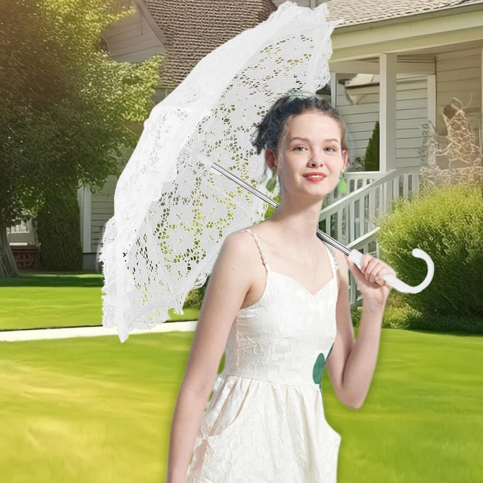 1x Paraguas Nupcial Encaje Bordado Blanco Beige Sombrilla Boda Fiesta Foto utilería Foto 4 de 4