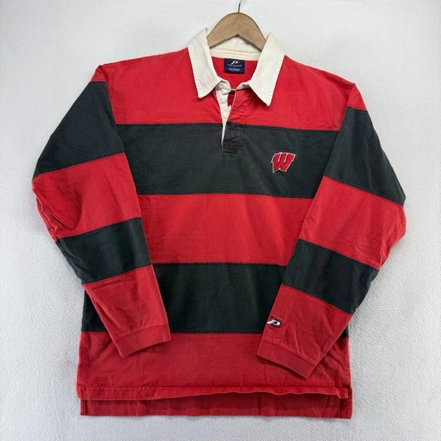 Винтажная мужская рубашка регби Wisconsin Badgers большой красный черный цветной блок опрятная 90-е - Изображение 2 из 4