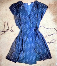 Navy White Geometric Wrap Dress Knee Length Short Sleeve Tie Accent
