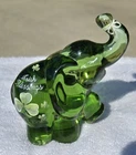 FENTON Green Glass TRUNK Up Irish ELEPHANT w/ SHAMROCKS Handpainted VL Anderson