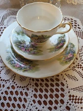 Vintage Royal Standard Bone China Teacup And Saucer  Cottage Garden Scene, 3 Pc.