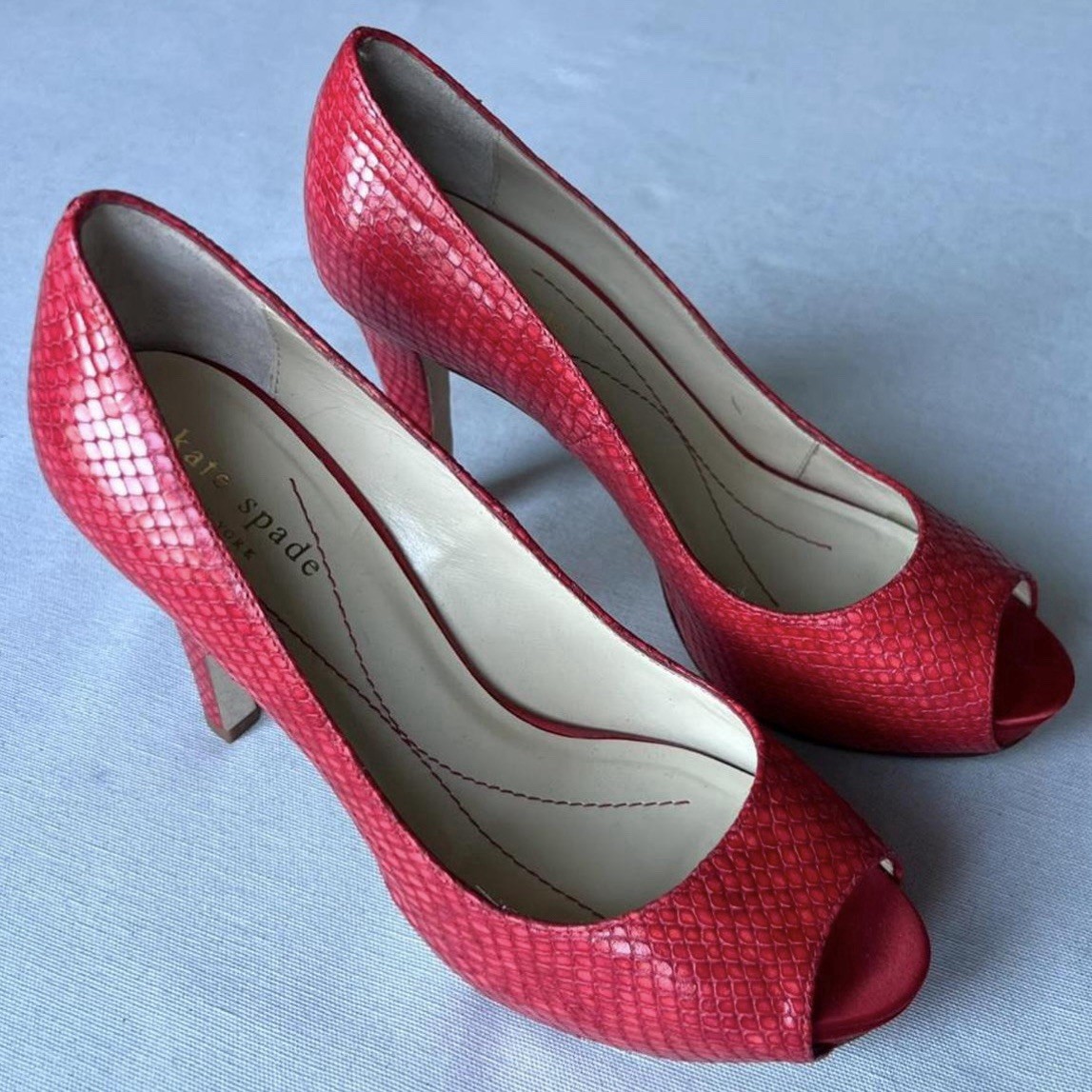 Kate Spade New York Red snakeskin Print Peep Toe Stiletto Leather Heels Size 6.5
