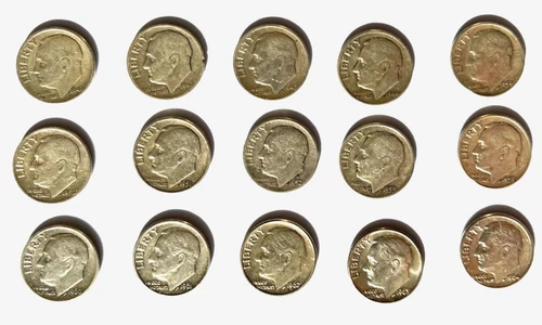 Lot of 15 Roosevelt Dimes - 90% Silver Content - 1946 to 1964 - EF to AU
