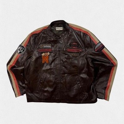 Vintage John F Gee leather motorcycle biker bomber jacket brown XL