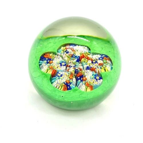 Vintage Art Glass Millefiori Flower Paperweight Green 3 Inch Murano Style