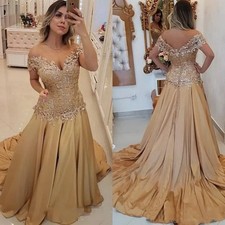 Gold Luxury Evening Gown A-Line Backless Lace Applique Satin Party Prom Dress