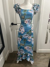 NWOT KY s Hawaii Vintage Blue Ruffle Shoulder Hawaiian Long Maxi Dress XS, L, XL
