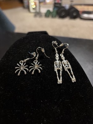 Whimsical Set Of Silver Tone Halloween Skeleton And Spider French Hook Earrings
