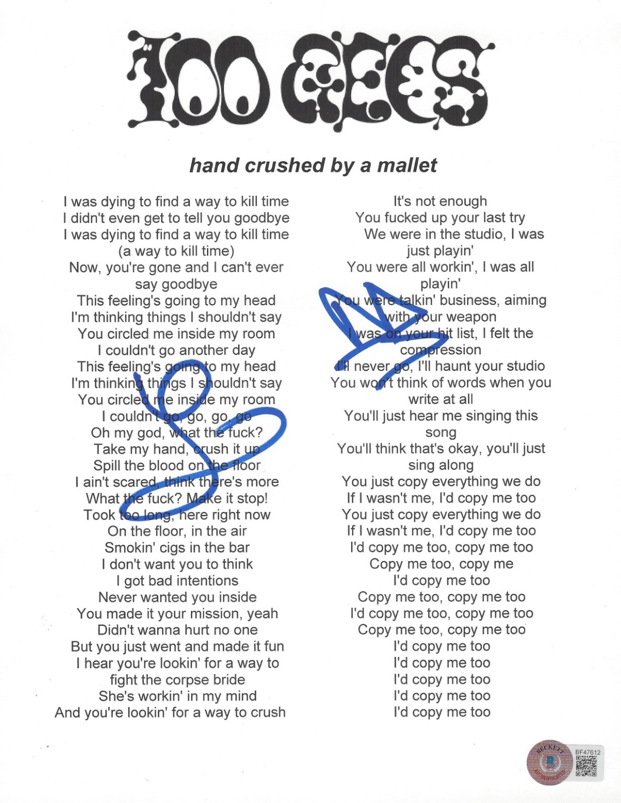Dylan & Laura Hand Crushed By A Mallet Lyric Sheet
