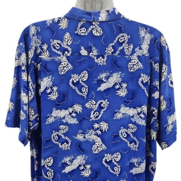 Vintage Ocean Current Mens XL Hawaiian Shirt Tropical Palm Tree Ukulele Blue - Image 4 of 4