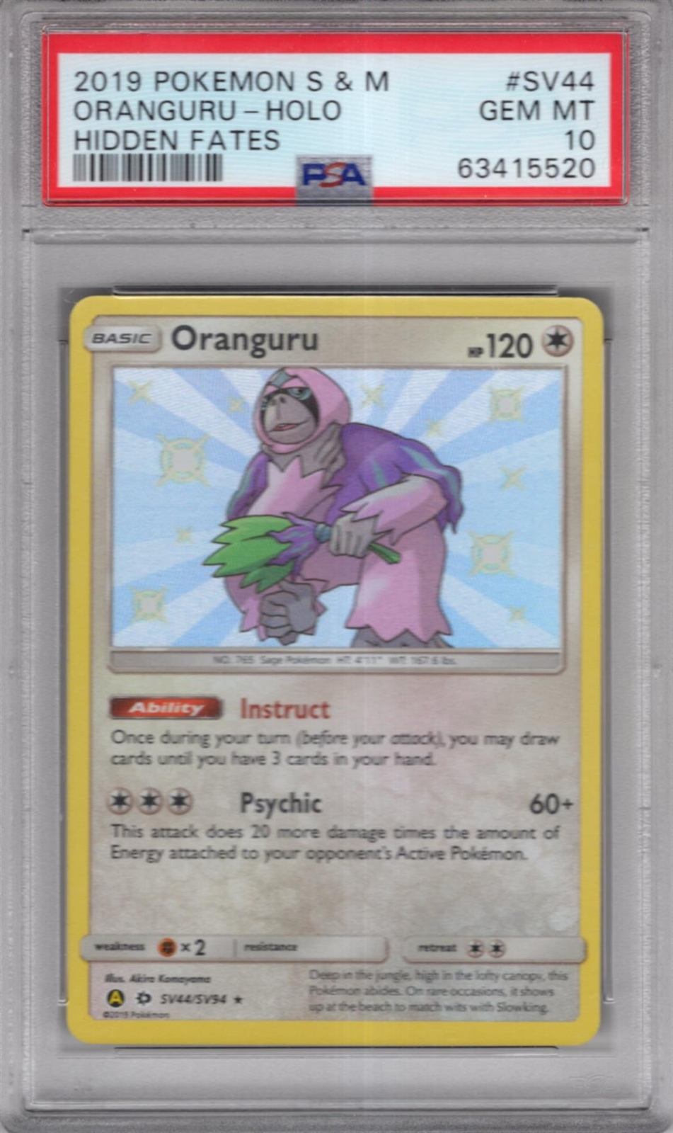 Pokemon Sun & Moon Hidden Fates Shiny Vault Card SV44 Oranguru PSA 10