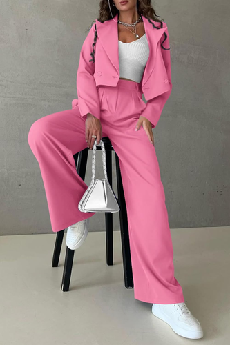 Women'S 2 Piece Casual Outfits Cropped Blazer Jackets High Waisted Wide Leg Work - Picture 3 of 12
