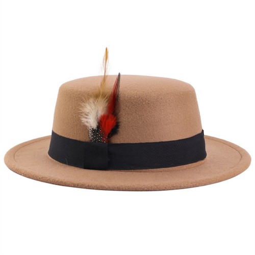 Men Women Porkpie Woolen Flat Top Hat Retro Feather Jazz Hat Gentleman's Hat - Picture 5 of 26