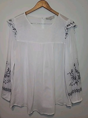 Loft Women's Top Large 16 Peasant Balloon Sleeves Relaxed Ivory Embroidered NWOT