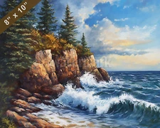 Acadia coastal cliffs with waves oil painting 8x10 Print
