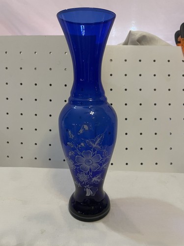 Cobalt Blue Floral Glass Vase 10” 19.99 Vintage - 第 1/3 張圖片