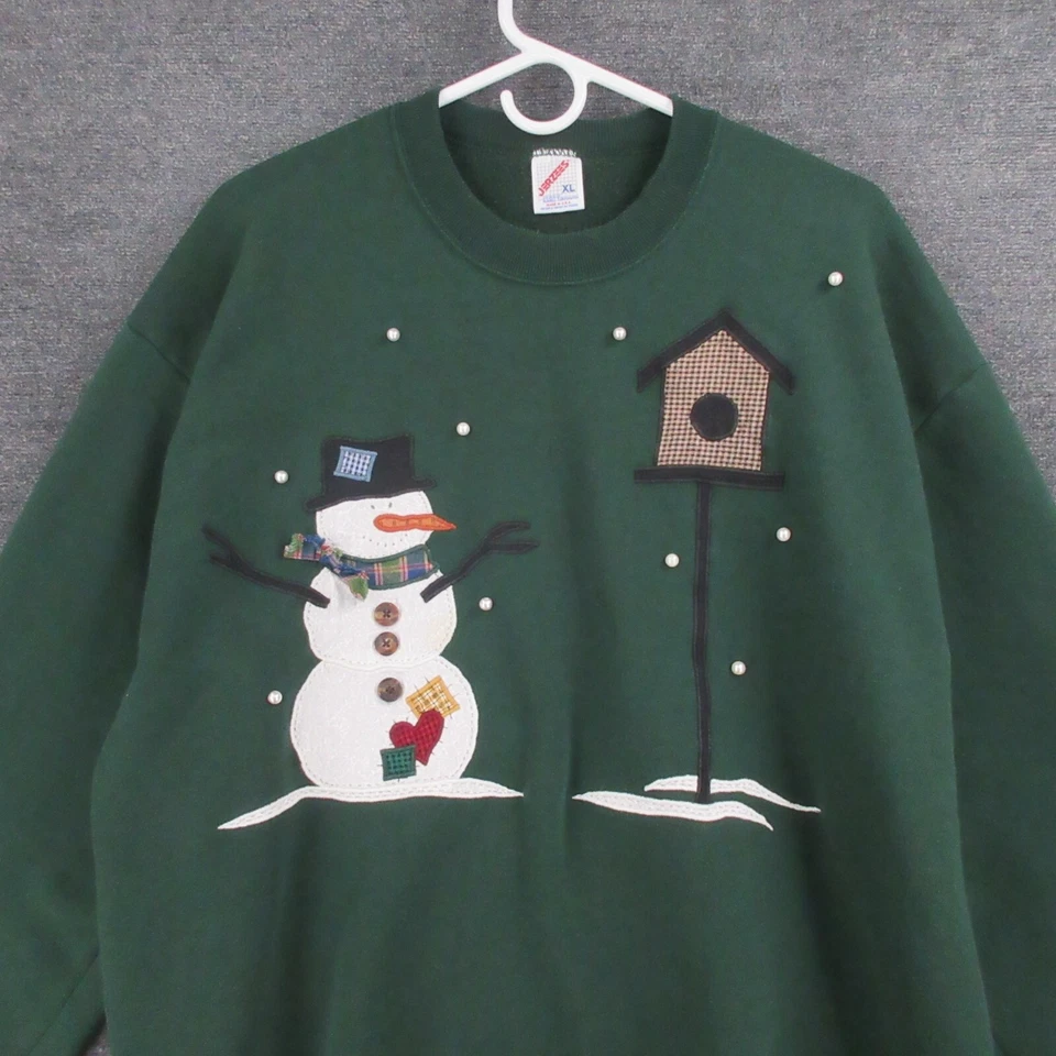 Jerzees Sweatshirt Womens XL Vintage Green Snow Man Embroidered Beaded Pearls - Imagem 3 de 4