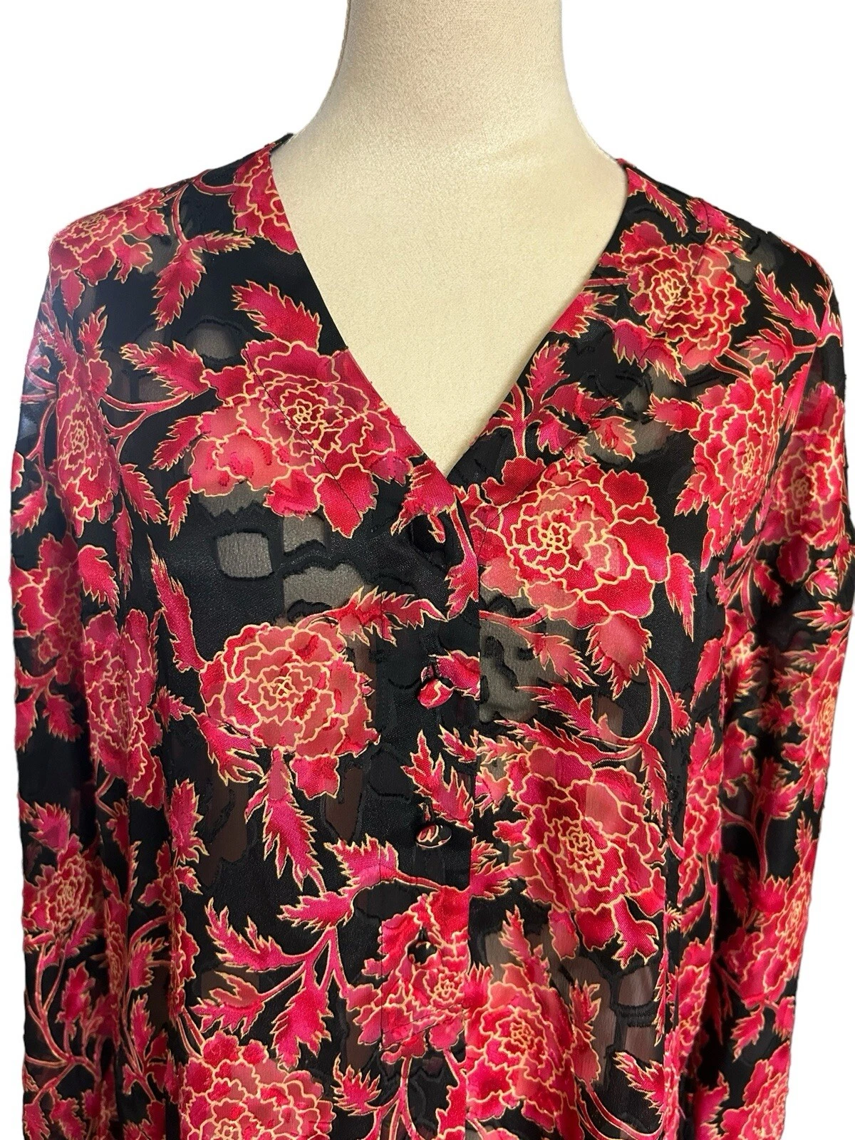 UNDERCOVER Abito Victoria Secret vintage etichetta oro bottoni floreale rosso nero semi trasparente taglia M