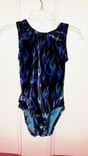 K Bee Leotards Black BLUE FLAMES Sparkle velour Leotard Girls 6/7