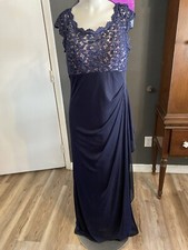 XSCAPE Womens Navy Blue Laced Cap Sleeve Ruched Cruise Formal Dress Size 12